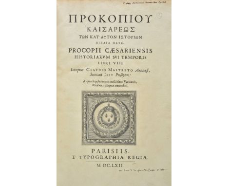 Procopius of Caesarea. [Greek title] Historiarum sui temporis libri VIII. Interprete Claudio Maltreto ... 2 volumes, 1st edit