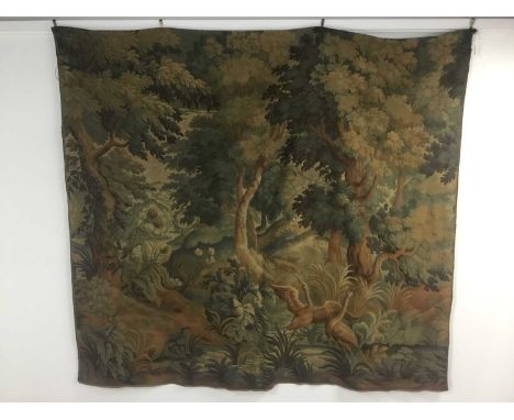 TAPESTRY WALL HANGING, LATE 19TH/EARLY 20TH CENTURY depicting a pair of cranes in woodland settingapprox 73cm x approx 85cm 