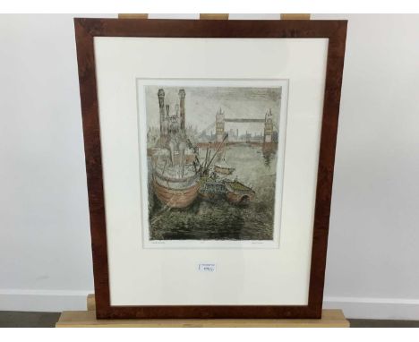 SIMON WINCH, TOWER BRIDGE hand coloured etching, signed, inscribed and No. 18 of 80 in pencil, also two photographic Glasgow 