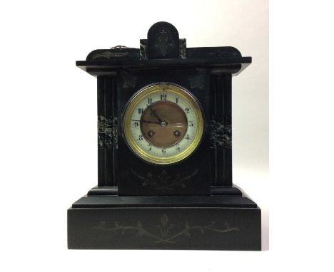 BLACK SLATE MANTEL CLOCK, the white dial set with Arabic numerals