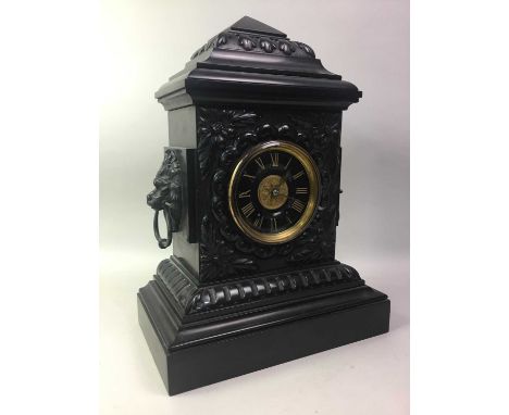BLACK SLATE MANTEL CLOCK, the dial with Roman numerals49cm high