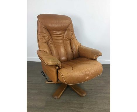 SODERBERGS LIGHT TAN LEATHER SWIVEL RECLINER, AND FOOTSTOOL on wood base