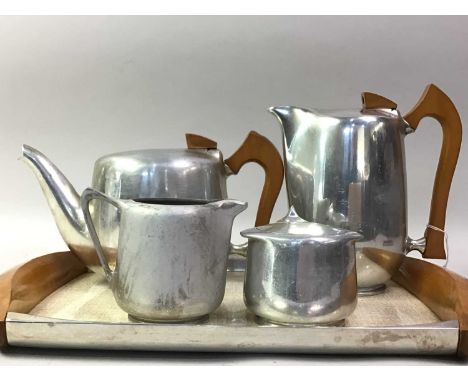 FIVE PIECE PIQUOT WARE TEA AND COFFEE SERVICE, including tray