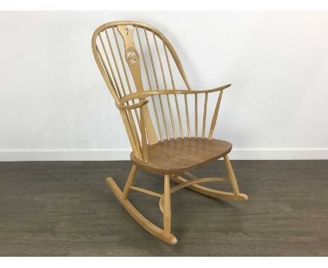LIGHT ERCOL ROCKING CHAIR, with swan back splat