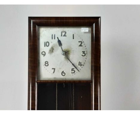 WALNUT ART DECO LONGCASE CLOCK, the square dial with Arabic numerals, with single glazed door183cm high