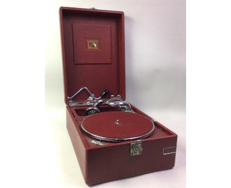 HIS MASTERS VOICE RECORD PLAYER, AND A GROUP OF RECORDS the record player in a His Masters Voice branded fitted case, along w