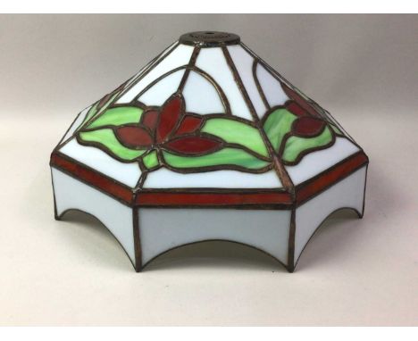 TIFFANY STYLE LAMP SHADE, with leaded glass in red, green and white 39cm wide
