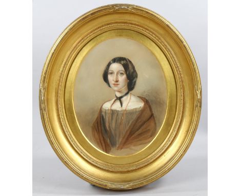 19th century watercolour, oval portrait of a woman, unsigned, image 36cm x 30cm, framedGood condition, frame has a tiny gesso