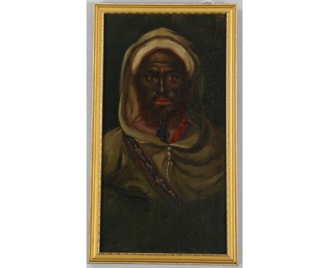 Emile Marin (1876 - 1940), portrait of a Bedouin, oil on panel, inscribed Tangier, 30cm x 15cm, framedGood condition 