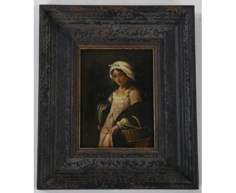 19th century British School, portrait of a girl carrying a basket, oil on panel, unsigned, 18cm x 14cm, framedGood condition 