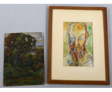 Early 20th century English School, landscape, oil on board, 30cm x 23cm, and mixed media on board, portrait of a man, 26cm x 