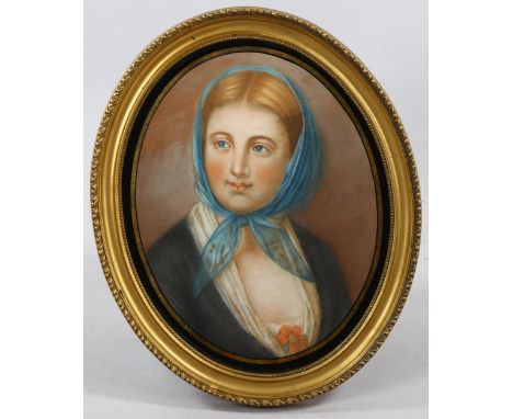 19th century portrait of a girl, oval coloured pastels, unsigned, 33cm x 25cm, framedGood condition 