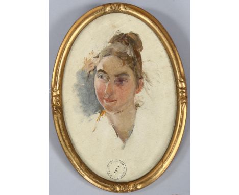 Jose Miralles Darmanin (1851 - 1900), portrait of a girl, oval oil on board, signed with stamp and dated Paris 1879, 29cm x 2
