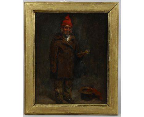 19th century oil on canvas, portrait of a match seller, unsigned, 26cm x 20cm, framedCanvas has been lined, paint all stable,