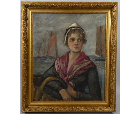 French School, oil on canvas, portrait of a fishergirl, unsigned, 60cm x 50cm, framedGood condition 