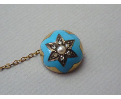 A Victorian diamond and pearl boss brooch, of hemispherical form, the face champlevé enamelled with a turquoise star containi