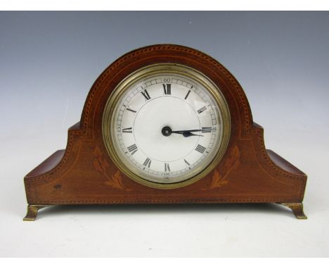 An Edwardian marquetry-inlaid mahogany mantel clock, having single train movement with enamelled face, the case of shouldered