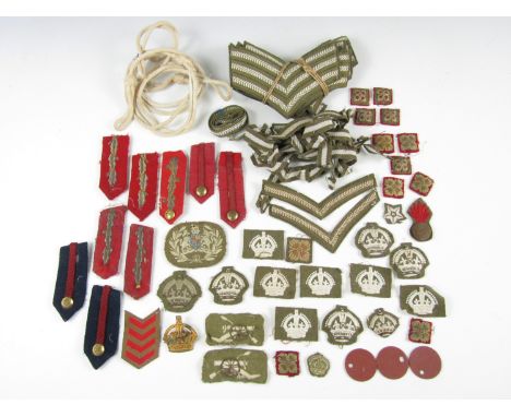 A quantity of British Army rank insignia, gorget patches, identity discs and lanyards