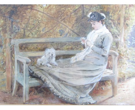 J** W** Cooper (19th Century) Autumnal portrait of a lady reclining on a garden bench, her gaze directed down towards a piece
