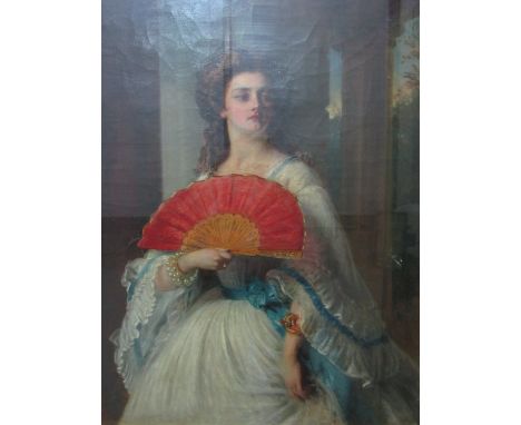Abraham Solomon (English, 1824-1862) Three quarter length portrait of a lady holding a fan, her gaze directed to one side, sh