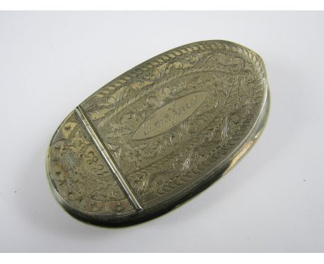 A Victorian nickel plated snuff box, the domed oval face engraved with 'Souvenir' surrounded by concentric floral frames, ver