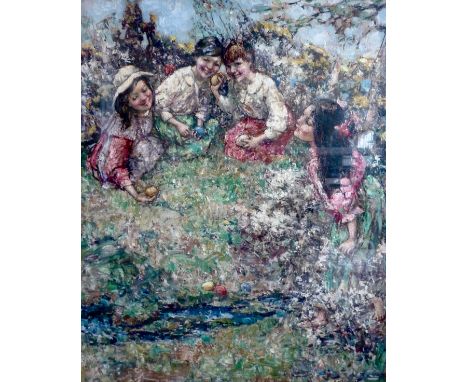 Edward Atkinson Hornel (Scottish, 1864-1933)Rolling Easter Eggs, kaleidoscopic springtime depiction of three young girls, eac