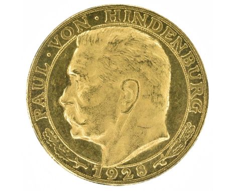 Germany, 1928, von Hindenburg, gold medal. Germany, Paul von Hindenburg, 1928, gold proof commemorative medal, Portrait of Pa