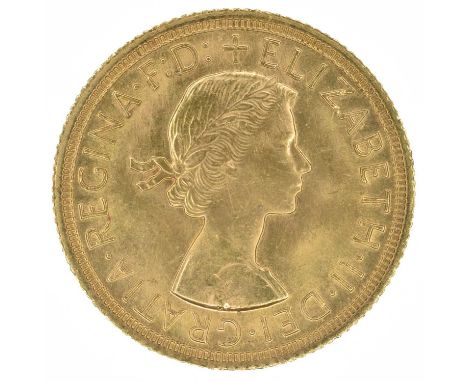 Queen Elizabeth II, Sovereign, 1965. Queen Elizabeth II, Sovereign, 1965, Young laureate head r. R. St. George and dragon, go