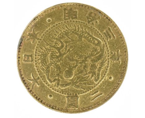 Japan, 2 Yen, 1870, gold coin, ex mount. Japan, 2 Yen - Meiji (large type), 1870, Dragon within beaded circle, legends above,