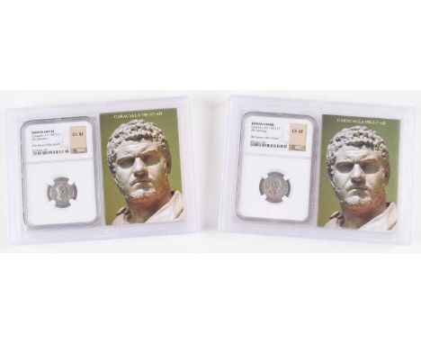 Two slabbed Caracalla Silver Denarii (2). Two Caracalla (198-217AD) Silver Denarii, Rome, AD 202, ANTONINVS PIVS AVG Laureate