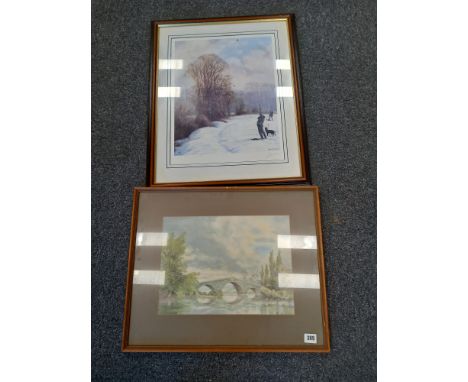 P LOWE WATERCOLOUR OF BRIDGE LTD EDITION SIGNED PRINT OF SHOOTERS 16 X 13'
