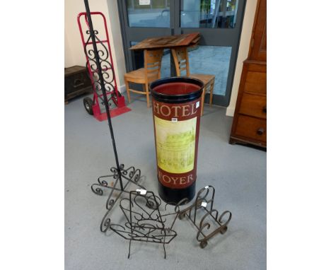 HOTEL FOYER STAND, WOUGHT IRON LAMP STANDARD, 2 IRON MAGAZINE RACKS