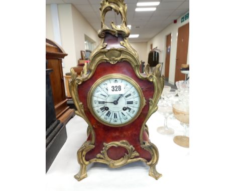 LATE 19C GOLDSMITH COMPANY FRENCH MANTLE CLOCK WITH ORMOLU MOUNTS. CHIP TO FACE