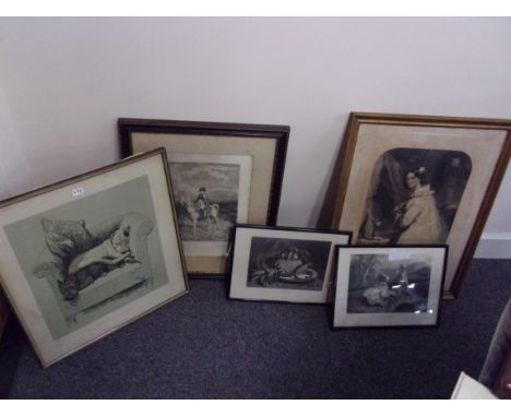 AFTER CECIL ALDIN 2 SLEEPING DOGS COLOURED PRINT TOGETHER WITH OTHER VICTORIAN PRINTS