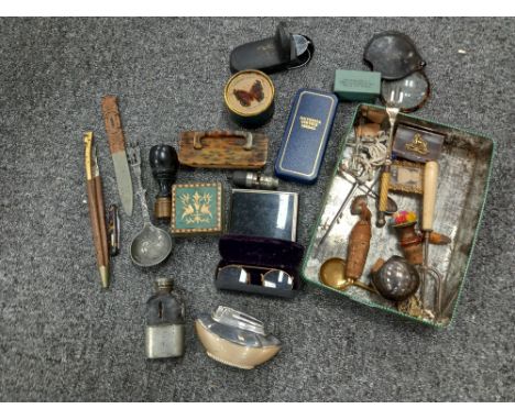 QUANTITY OF MIXED ITEMS. NATIONAL SERVICE MEDAL, STEEL SPECTACLES, COMMEMORATIVE WARE, FLASK ETC