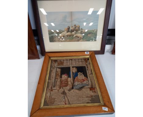 VICTORIAN PRINT OF SHEEP &amp; TAPESTRY OF FIGURES IN WINDOW 12 X 13.5 '