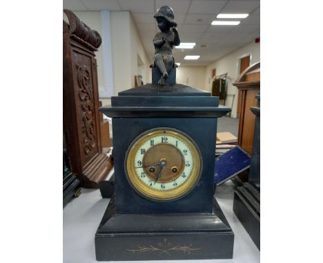 VICTORIAN MARBLE MANTLE CLOCK WITH SEATED FIGURE FINIAL