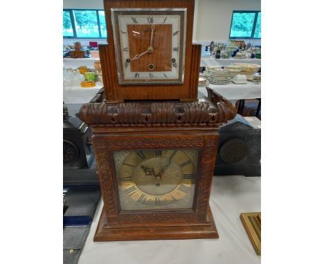 THOMAS NICHOLLS BRASS FACED LONG CASED CLOCK IN A LATER CARVED OAK CASE TO MAKE A MANTLE CLOCK, TOGETHER WITH AN ART DECO CLO