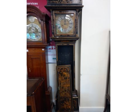 MID 18C LONGCASE CLOCK BY PETER WISE LONDON IN BLACK EBONIZED CASE PAINTED CHINOISERIE DECORATION. CASE NEEDS ATTENTION. 82' 