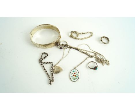 A collection of silver, to include three rings, four bracelets, two chains and a bangle