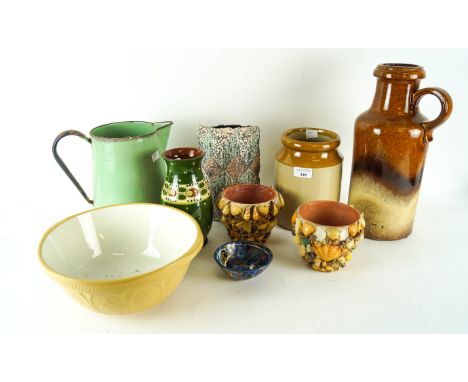 A collection of assorted pottery, shelled terracota pots and a enamel jug