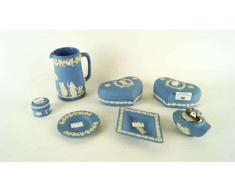 A collection of assorted Jasperware, Wedgewood jug, heart dishes, pill pots and other dishes