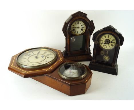 A wood drop dial style wall clock and two mantel clocks