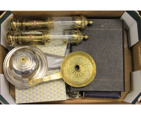 A pair of Great Western Rail brass wall lights; a brass chamber stick and a selection of plated wears (qty)