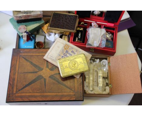 A quantity of costume Jewellery and ephemera to a Victorian casket, Marcovitch Black and White cigarettes box, Benson and Hed