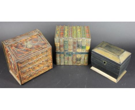 A Huntley & Palmers biscuit tin, modelled as a bundle of books,16cm; a Victory bureau biscuit tin and a painted metal two div