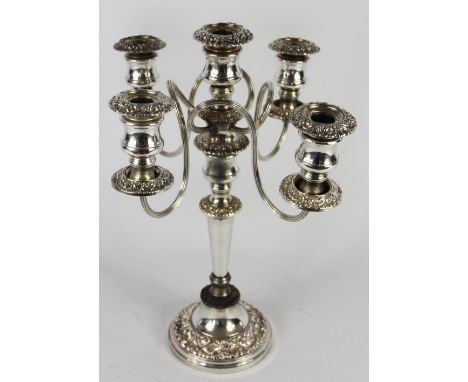 A silver plated five light candelabrum, late 19th century, cast with acanthus leaves, on circular base, 41.5cm