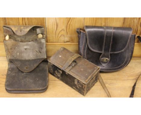 A world War II military issue leather pouch, F. Ltd 1943; a similar pouch; a leather hunting satchel and a leather and tin au