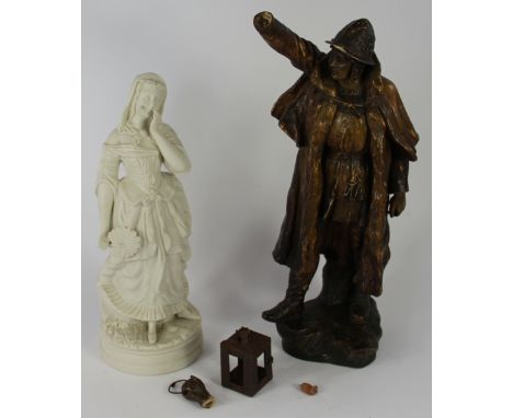 A 19th century Goldscheider figure of a Night Watchman, (a/f), together with a parian figure of a lady with a fan, 41cm & 35c