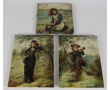 A pair of 19th century Staffordshire tiles, one painted with a girl by a tree the other of a boy with a horn, 20cm x 15cm; wi